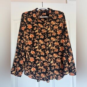 Tahari Black and Orange Floral Button Down Shirt